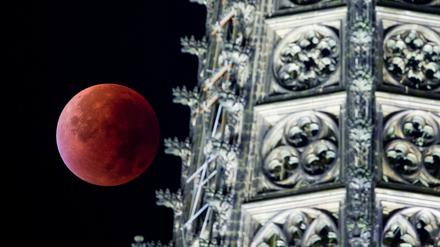 Am Montagmorgen war mit dem Blutmond, einer totalen Mondfinsternis, ein seltenes Phänomen am Himmel zu sehen. Hier über dem Kölner Dom. 