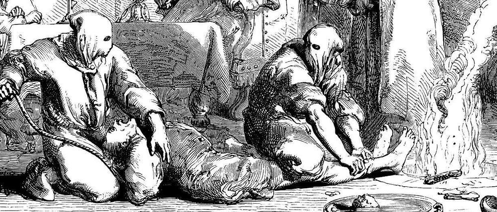 Inquisition: Zwei Folterknechte quälen ein Opfer mit Feuer.