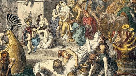 Die zweite Plünderung Roms 455 n. Chr. durch die Vandalen als Folge der Völkerwanderung, wie der Maler Heinrich Leutemann sie um 1865 festhielt. Bis heute fördern solche Bilder den Eindruck von Chaos und Untergang in der Spätantike.