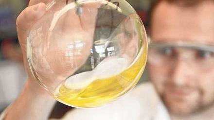 Hoffnung in goldgelb: Mathias Dimde, wissenschaftlicher Mitarbeiter im Team von Dirk Steinhilber und Professor Rainer Haag, schwenkt einen Glaskolben mit dendritischem Polyglycerin.