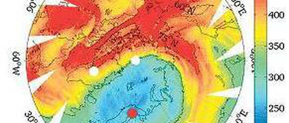 Gefährliches Blau. Die Karte zeigt die Ozongehalte vom 30. März. Über Skandinavien waren sie besonders gering. 
