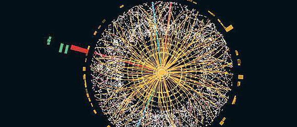 Zusammenprall im Mikroversum. Die Computergrafik zeigt schematisch den Ablauf des „Atlas“-Experiments, mit dem Wissenschaftler am Forschungszentrum Cern in Genf nach dem lange behaupteten Higgs-Teilchen fahndeten. 