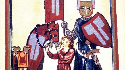 Farbige Darstellung von Wolfram von Eschenbach als Ritter in der Manessischen Liederhandschrift aus dem 13. Jahrhundert