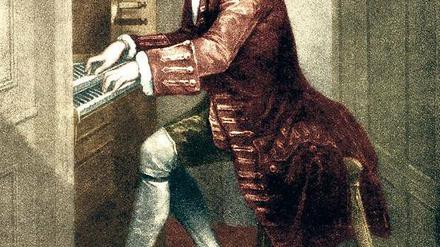 Ein Gemälde zeigt Johann Sebastian Bach an einer Orgel sitzend.