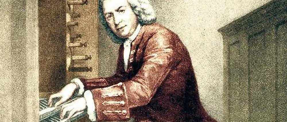 Ein Gemälde zeigt Johann Sebastian Bach an einer Orgel sitzend.