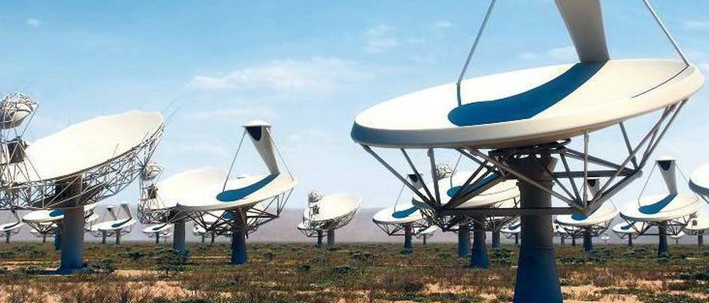 Lauschangriff. Die Radioteleskope des SKA (hier eine Animation für den Antennenpark in Südafrika) ermöglichen es, extrem schwache Signale aus dem All zu registrieren. Astronomen hoffen, damit auch Hinweise auf die Herkunft kosmischer Protonen zu erhalten. 