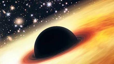 Massemonster. Künstlerische Darstellung des Schwarzen Lochs im Zentrum einer Galaxie. Sie leuchtet so hell wie 430 Billionen Sonnen und konnte daher trotz der großen Entfernung entdeckt werden. 