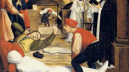 Apokalyptisch. Die Totengräber kamen kaum nach, die Opfer zu bestatten. Gleichzeitig waren sie besonders gefährdet, sich mit der Beulenpest anzustecken. Josse Lieferinxe malte im 15. Jahrhundert eine der wenigen exakten Darstellungen.