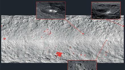 Es leuchtet. Auf dem knapp 1000 Kilometer großen Ceres hat die Sonde „Dawn“ helle Flecken und einen dünnen Nebel fotografiert. Offenbar befinden sich im Untergrund Wassereis und Mineralsalze.
