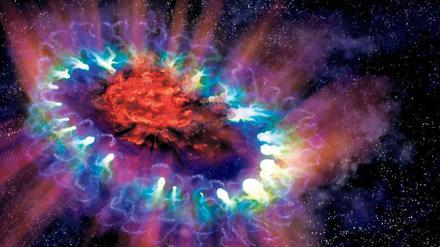 Kosmisches Feuerwerk. In der Abbildung sind Messdaten zusammengeführt, die bei einer Supernova aus dem Jahr 1987 erhoben wurden. Sie ereignete sich rund 150 000 Lichtjahre von der Erde entfernt in der Großen Magellanschen Wolke. 