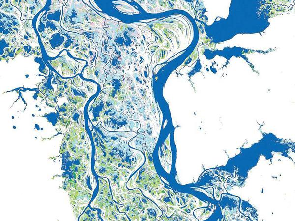 Der Fluss Ob in Westsibirien. Dunkelblaue Flächen sind ständig mit Wasser bedeckt, hellblaue entsprechend den Jahreszeiten. Rosa markiert sind ausgetrocknete Areale und grün solche, die neu überschwemmt wurden. 