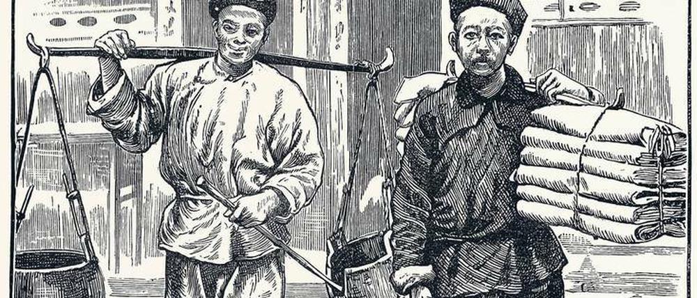 Katastrophale Arbeitsbedingungen. Die chinesische Regierung setzte eine Kommission ein, um die hohe Todesrate chinesischer Arbeiter auf dem spanischen Kuba aufzuklären. Der Stich aus dem Jahr 1872 zeigt Kulis, in welcher Umgebung ist nicht bekannt. 