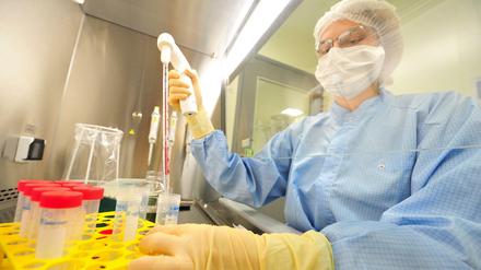 Eine Labormitarbeiterin füllt eine Flüssigkeit mit einer Pipette in Kunststoffröhrchen.
