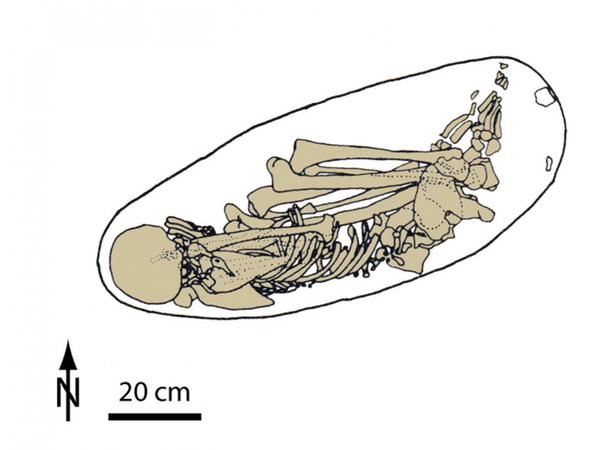 Die Position des Kostenki-14-Skeletts, aus dessen Schienbein Erbgut für eine Abstammungsanalyse entnommen wurde, in seinem Grab. 