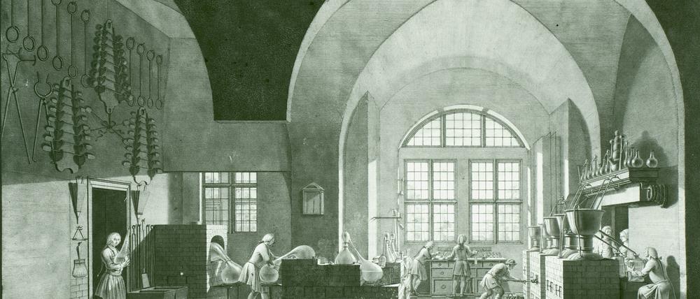 Anfänge. Das Laboratorium der Schloss- und Hofapotheke, das später zur Berliner Universität gehörte, um 1750.