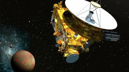 Am Ziel. Künstlerische Darstellung der Nasasonde "New Horizons" mit dem Zwerplanet Pluto und drei seiner fünf Monde. Im Juli soll die Sonde dicht an Pluto vorbeifliegen und zahlreiche Daten sammeln. 
