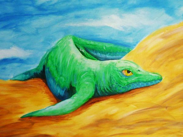 Zwischen Land und Meer. Künstlerische Darstellung des frühen Ichthyosaurier, der vor etwa 248 Millionen Jahren lebte. 