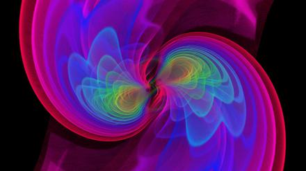 Echo der Kollision. Die Computeranimation zeigt wie Gravitationswellen beim Verschmelzen zweier schwarzer Löcher entstehen. Solchen Wellen wurden nun erstmals gemessen. 