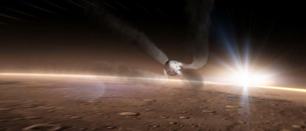 Anflug auf Mars. Die Kapsel "Red Dragon" soll mittels Raketentriebwerken abgebremst werden, um eine sanfte Landung auf der Planetenoberfläche zu ermöglichen. 