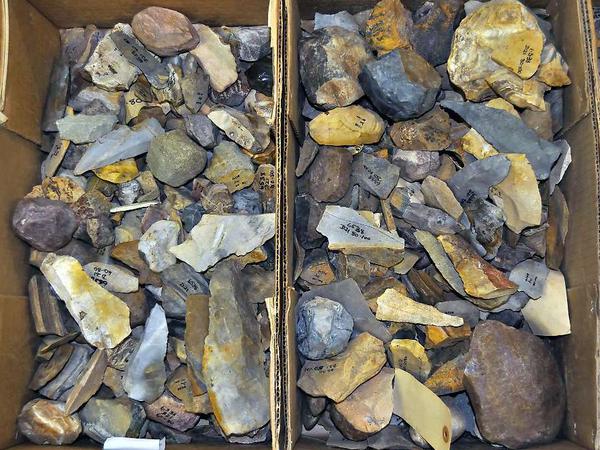 Fundstücke. Die mutmaßlichen Speerspitzen aus Stein, gefertigt vor rund 500.000 Jahren. 