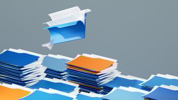 Eine 3D Illustration von verschiedenen Aktenfoldern als Symbolbild für Bürokratie.