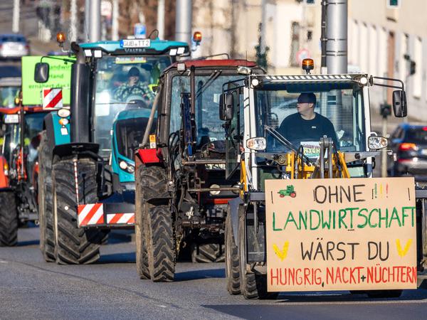 Am Montag fuhren Landwirte mit Traktoren durch die Cottbuser Innenstadt. Auch Transportfirmen  und Handwerker unterstützten die Proteste. 