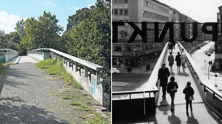 Eine Brücke und ihre kleine Reise durch Berlin. Links in Staaken, rechts am Europacenter.