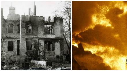 Das Bild links soll die Ruine zeigen nach dem Feuer.