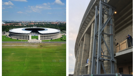 Links das Stadion mit seinen 130 Säulen - rechts das schwere Stahlstütze, die einen Pfeiler stützt. Tagesspiegel-Fotochef Kai-Uwe Heinrich machte sofort ein Foto.