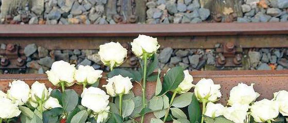 Das Mahnmal am Gleis 17 am Bahnhof Grunewald. Die weißen Rosen wurden bei der jüngsten Gedenkstunde vor zwei Wochen niedergelegt.