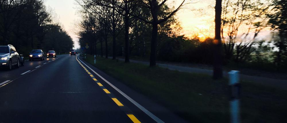 Die gelbe Spur auf der Potsdamer Chaussee in Spandau - ein provisorischer Radweg.
