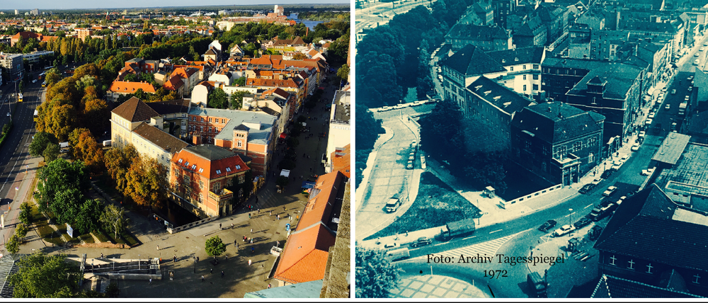 Altstadt heute (links), Altstadt in den 70ern - noch mit Autos.