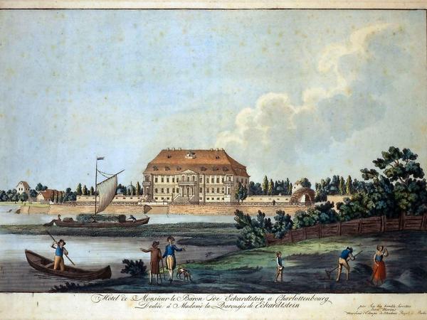 So sah das nicht mehr existierende Charlottenburger Palais der Gräfin ums Jahr 1800 aus. Diese Radierung stammt vom Künstler Louis Serrurier.