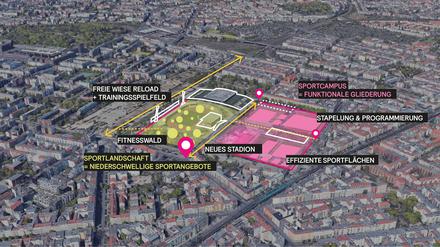 Szenario 3 sieht den Erhalt von Teilen des alten Stadions und eine neue Arena nebenan vor.