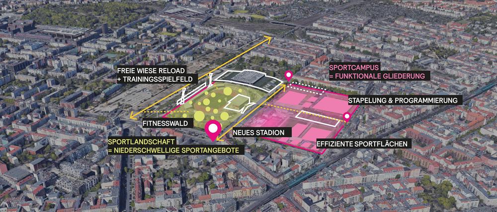 Szenario 3 sieht den Erhalt von Teilen des alten Stadions und eine neue Arena nebenan vor.