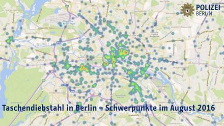 Je rötlicher, desto mehr Taschendiebstähle: die Orte, wo Berliner und Touristen Opfer wurden im August 2016.