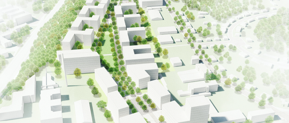 Visualisierung des neuen Stadtquartiers aus südlicher Perspektive.