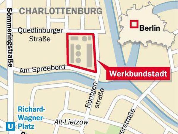 Der Standort der geplanten Werkbundstadt zwischen der Spree, dem Kraftwerk Charlottenburg und der Quedlinburger Straße. 