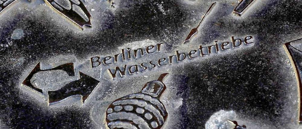 Ein Kanaldeckel mit dem Firmenzeichen der Berliner Wasserbetriebe.