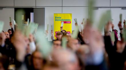 Mitglieder der Brandenburger FDP bei einer Abstimmung auf einem Landesparteitag. 