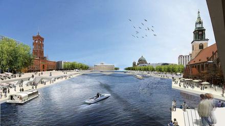Berlin wird bis an den Rand des Rathaus-Forums verdichtet. Deshalb müsse sich die Stadt den Luxus einer großen, urbanen Fläche gönnen, sagt Lars Krückenberg von der Architektengruppe Graft. Er will das Wasser bis ans "Marienviertel" heranschwappen lassen. 