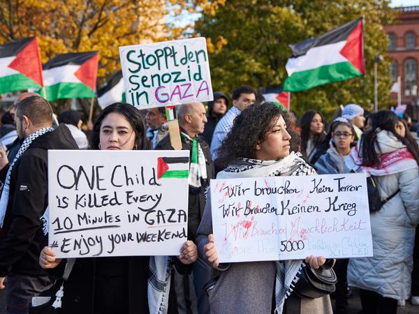 Transparente mit der Aufschrift „Stoppt den Völkermord in Gaza“ und „Wir brauchen keinen Terror – wir brauchen keinen Krieg“ bei der Pro-Palästina-Kundgebung am Neptunbrunnen.