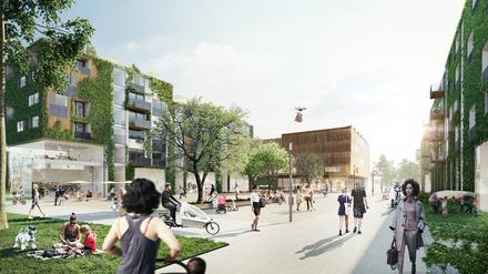 Begrünte Holzfassaden, Lieferdrohnen und Vorrang für den Fußverkehr. So könnte das Schumacher-Quartier auf dem ehemaligen Flughafen Tegel aussehen. 