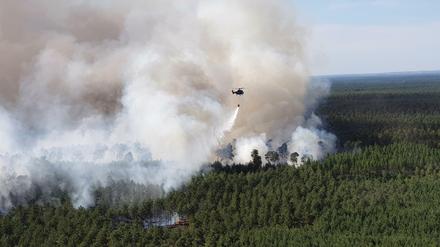 Ein Hubschrauber der Bundespolizei fliegt bei Löscharbeiten über einem Waldstück in der Lieberoser Heide.