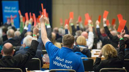 Teilnehmer stimmen per Karten auf einem Parteitag der AfD ab.