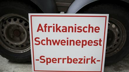 Ein Schild mit der Aufschrift «Afrikanische Schweinepest - Sperrbezirk-» 