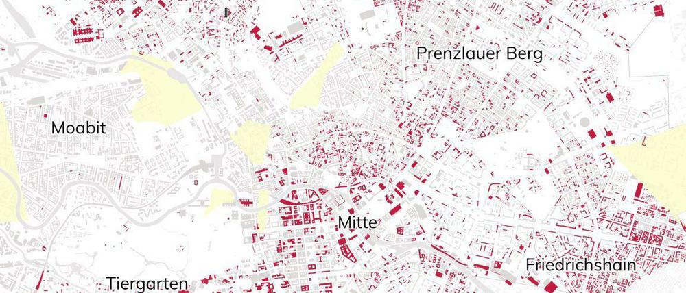 So sähe Berlin aus, wenn es so zerstört wäre wie Aleppo. Die rote Farbe steht für zerstörte Häuser. Hotspot ist Mitte.