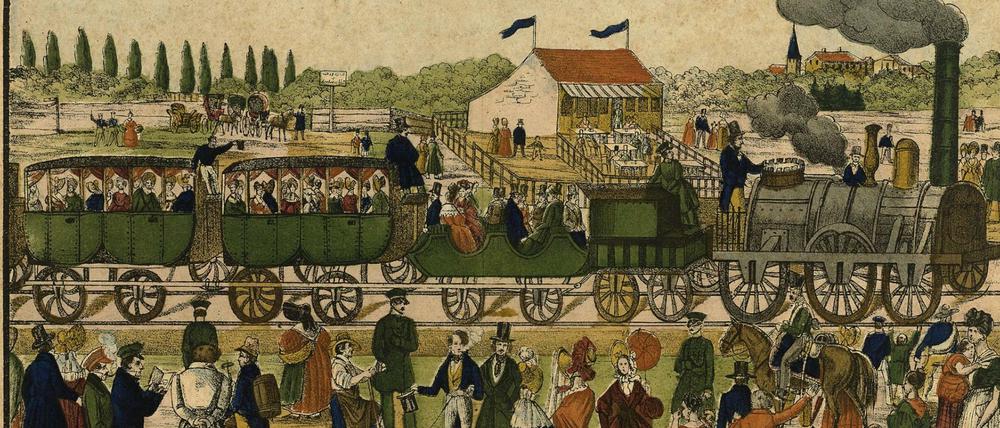 Klar zur Abfahrt! Am 29. Oktober 1838 startete die „Adler“-Lok vom Potsdamer Bahnhof zur Jungferntour nach Zehlendorf. Noch im selben Jahr erschien diese kolorierte Kreidelithografie im "Neuruppiner Bilderbogen". 