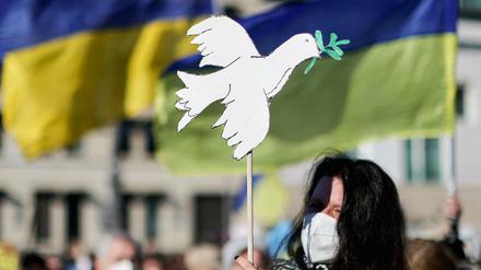 Kleine weiße Friedenstaube bei der Demonstration am Sonntag in Berlin.