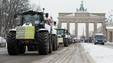 Die Traktoren der Initiative "Land schafft Verbindung" am Dienstag in Berlin-Mitte. Sie sympathisieren mit den "Freien Bauern".